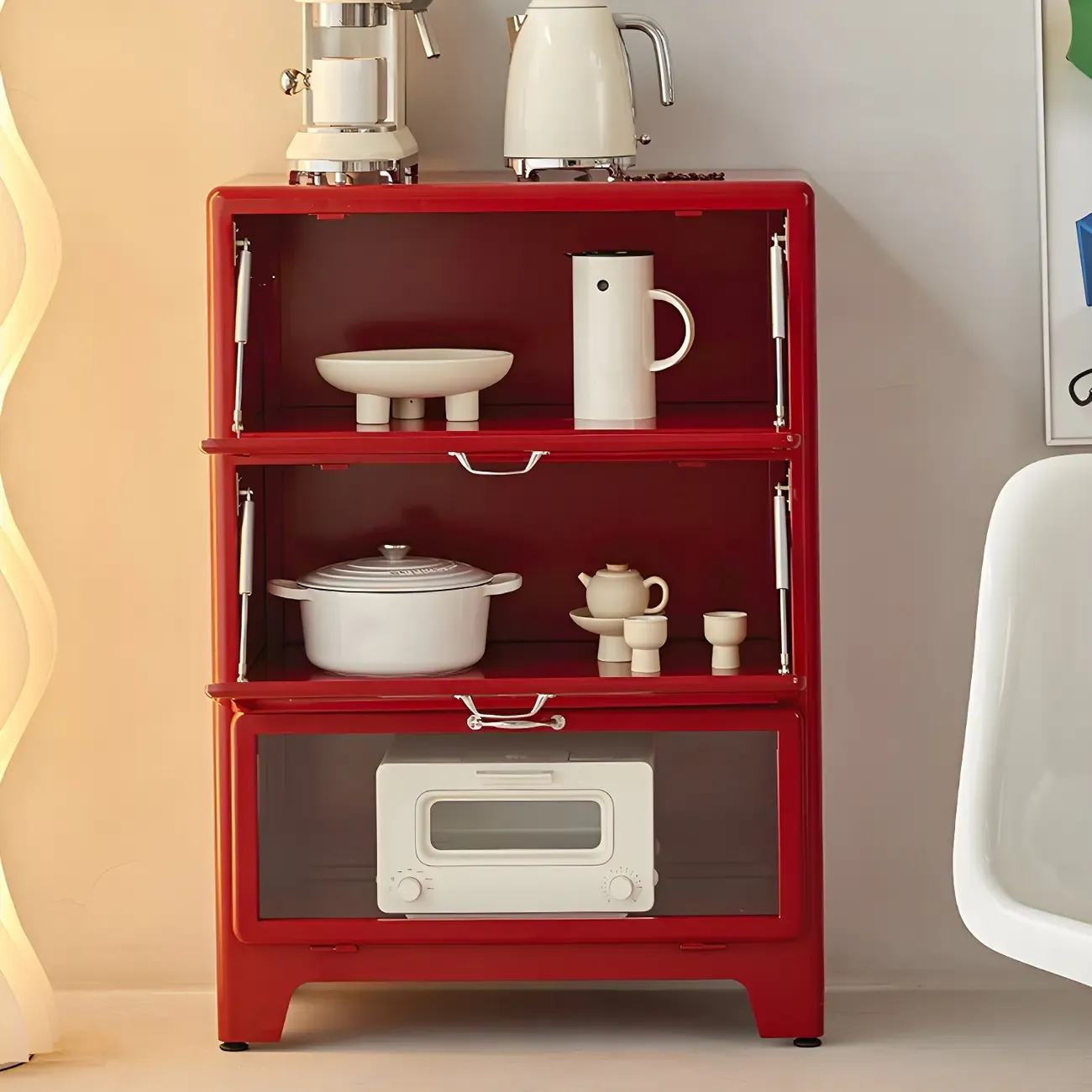 Glam Red Steel China Cabinet with Glass Doors for Dining Room Image - 7