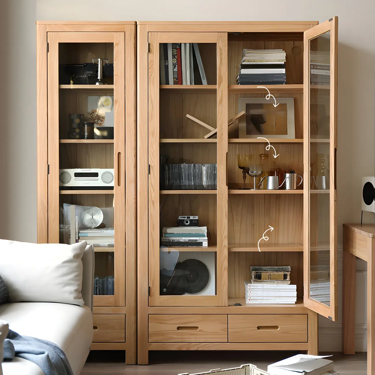 Glam Wooden Display Cabinet with Drawers & Adjustable Shelves Image - 2 | homeyfad