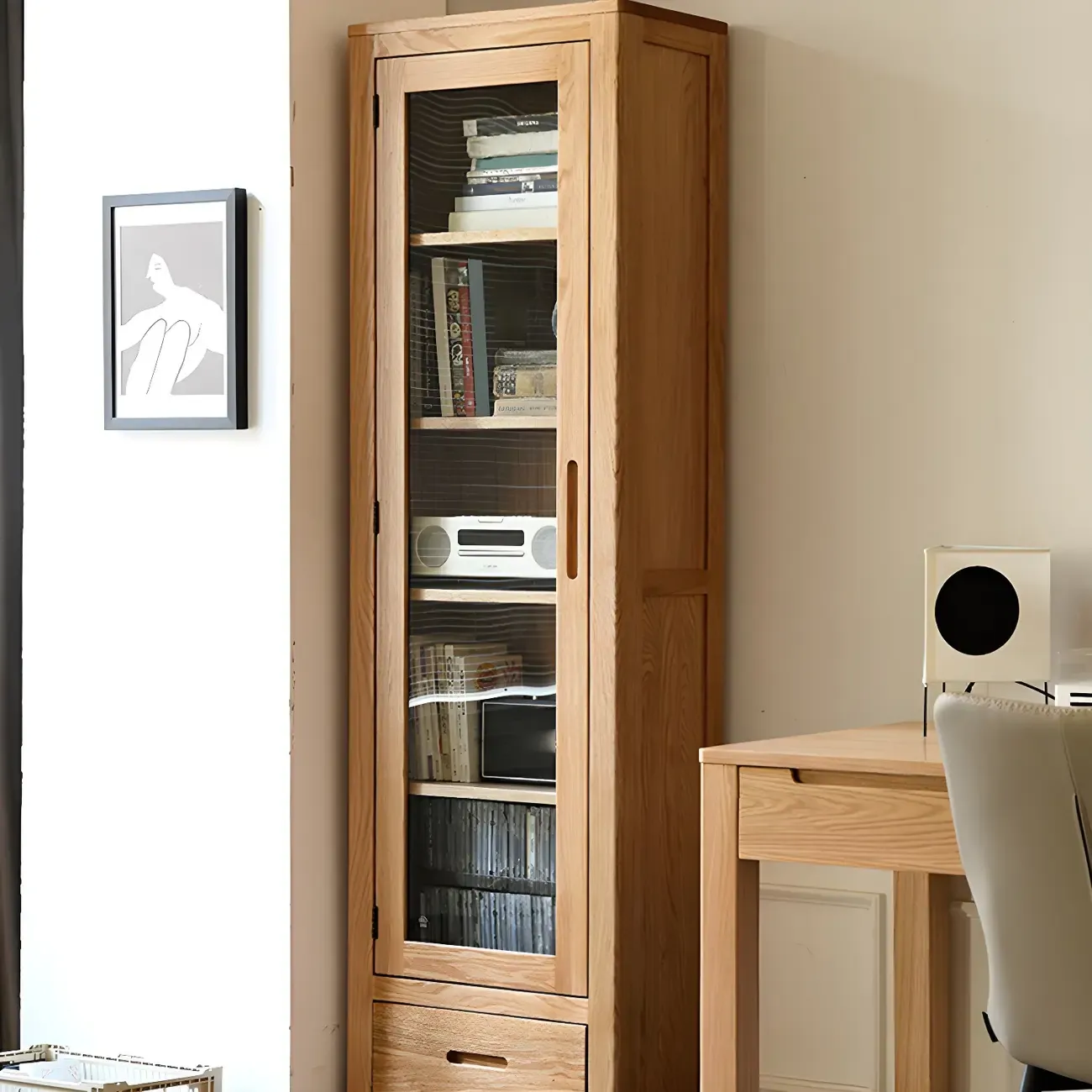 2-Drawer Natural Wood Display Cabinet Adjustable Shelves | HomeyFad