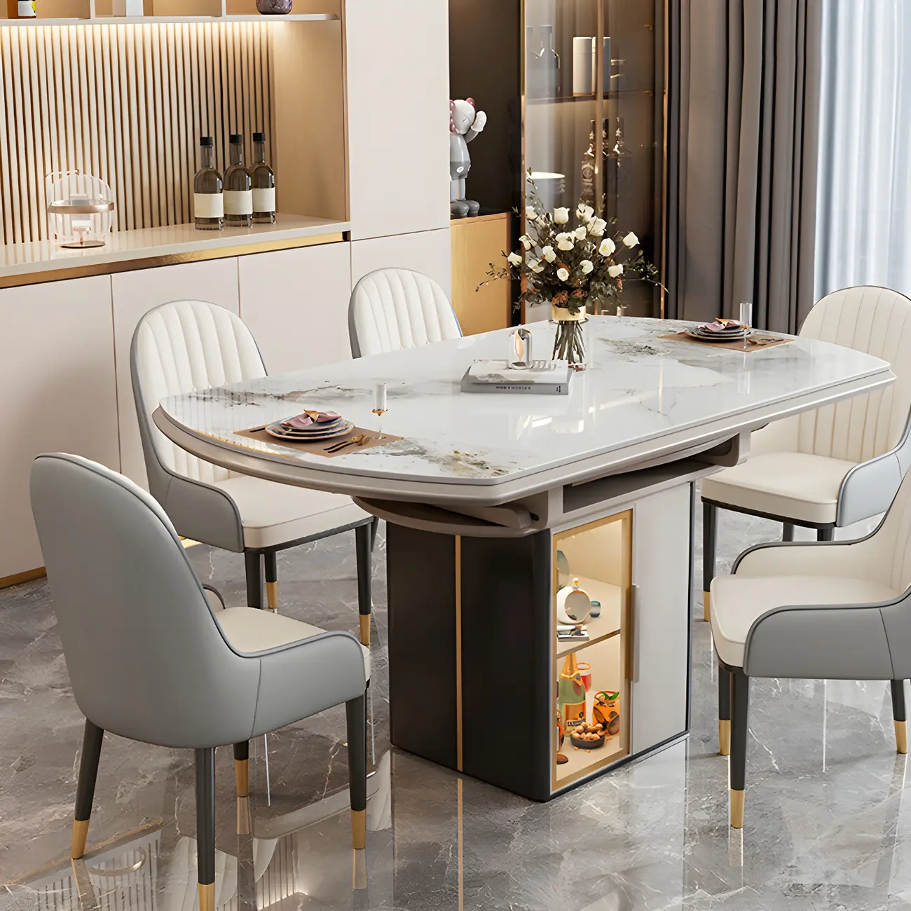 Extendable Round Modern Stone Dining Table with Storage Image - 1 | homeyfad