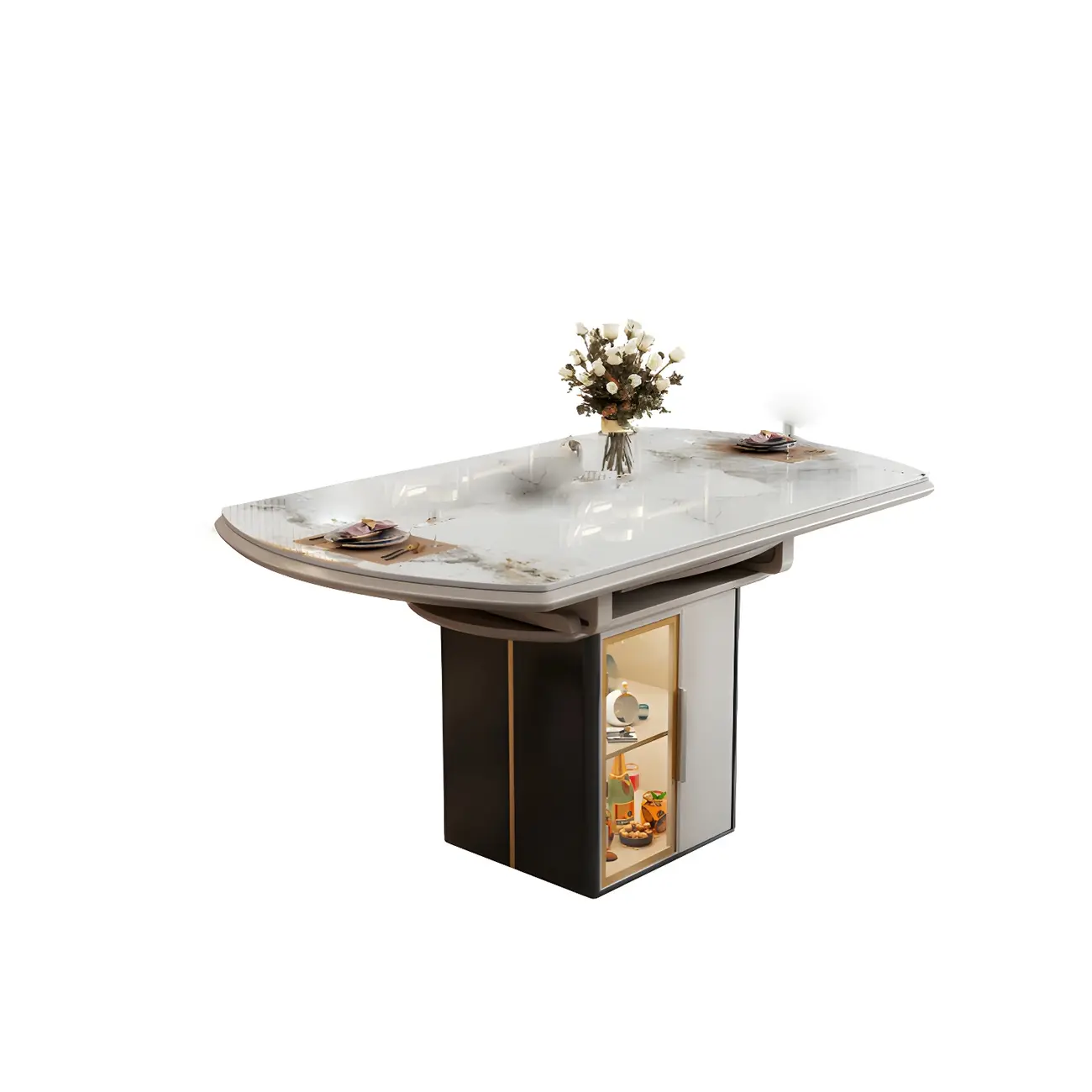 Extendable Round Modern Stone Dining Table with Storage Image - 2 | homeyfad