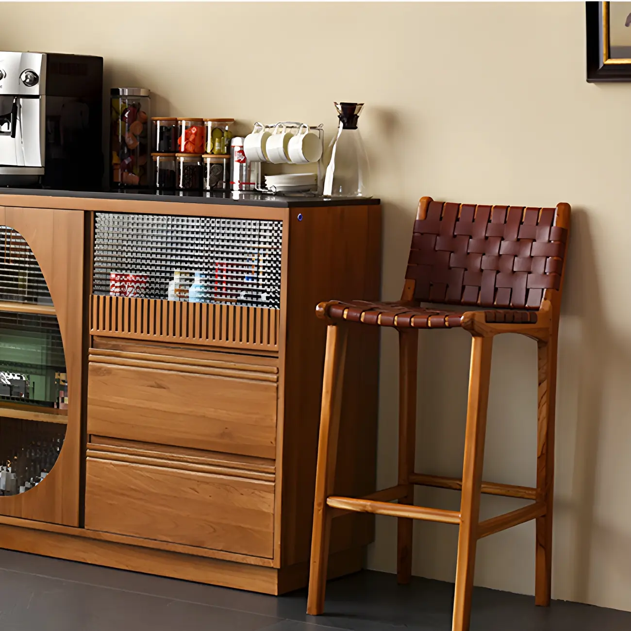 Rustic Reddish Brown Wooden Woven Bar Stool | homeyfad