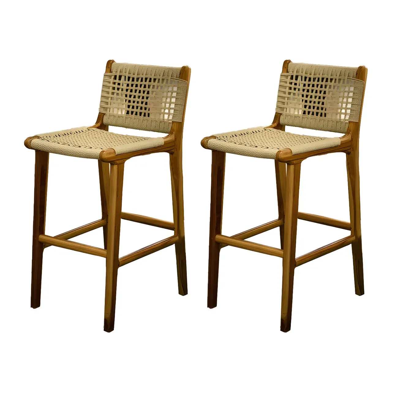 Rustic Reddish Brown Wooden Woven Bar Stool