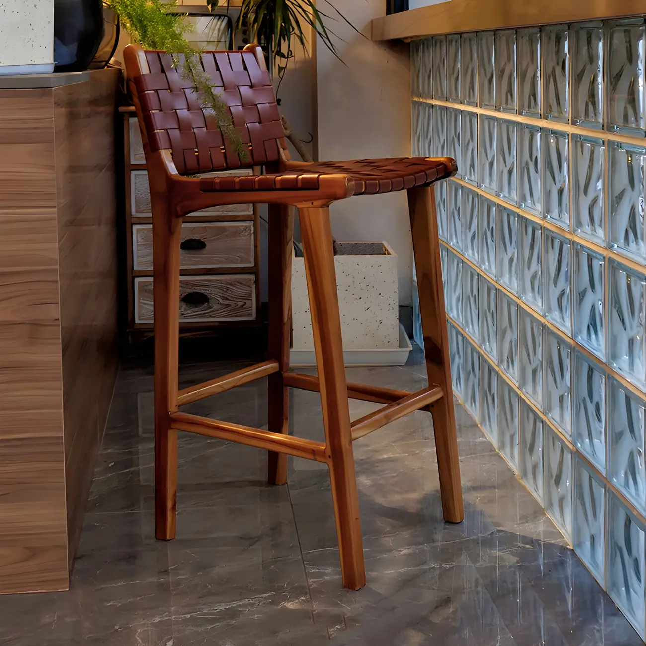 Rustic Reddish Brown Wooden Woven Bar Stool | homeyfad