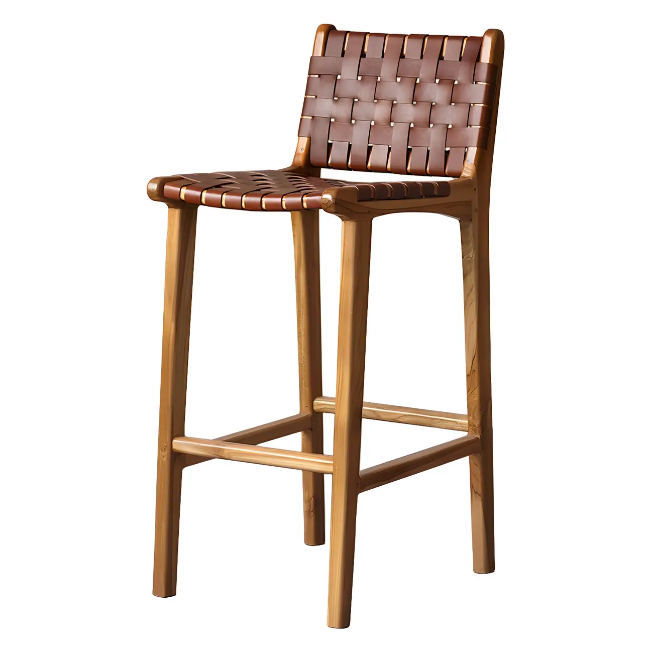 Rustic Reddish Brown Wooden Woven Bar Stool | homeyfad