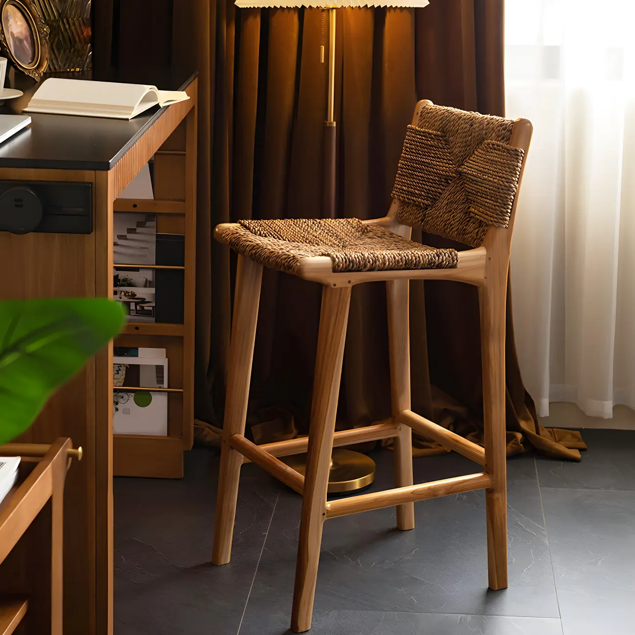 Rustic Reddish Brown Wooden Woven Bar Stool | homeyfad