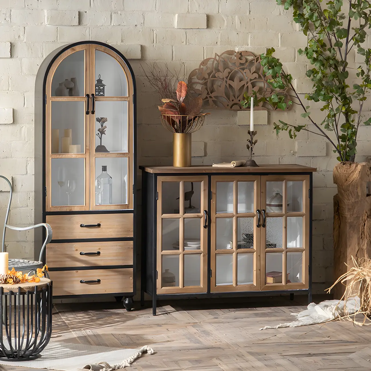 Vintage Wooden Glass Door Display Cabinet with Drawers & Shelf Image - 1 | homeyfad