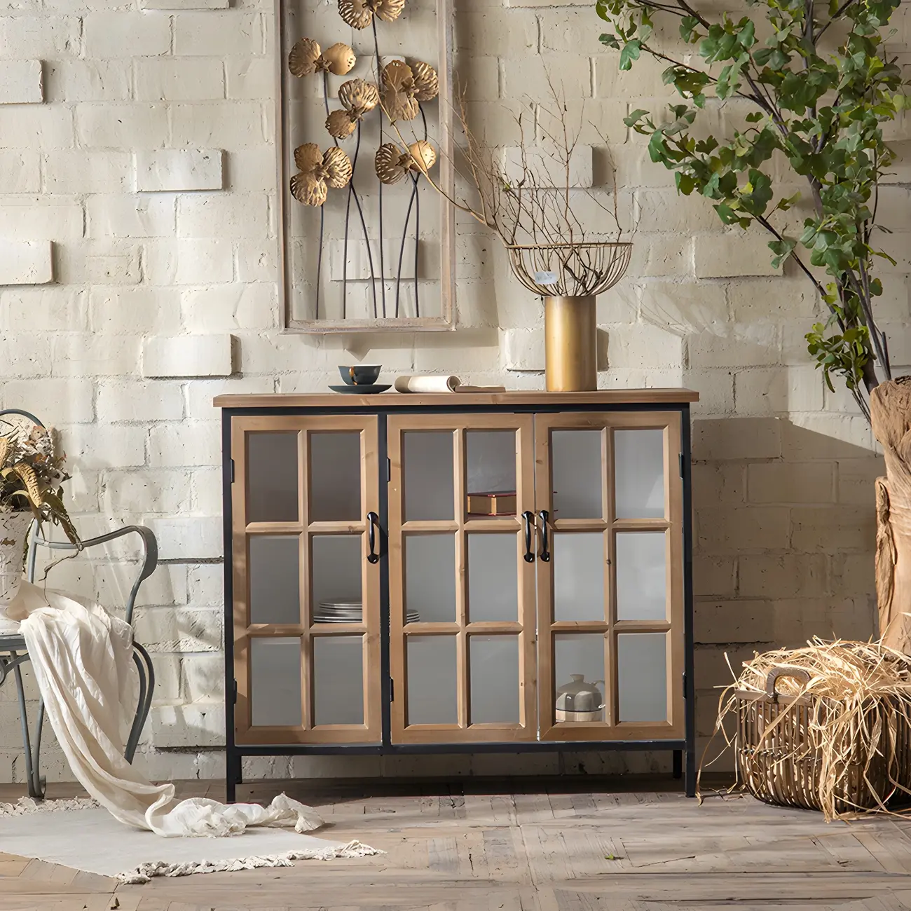 Vintage Wooden Glass Door Display Cabinet with Drawers & Shelf Image - 4 | homeyfad