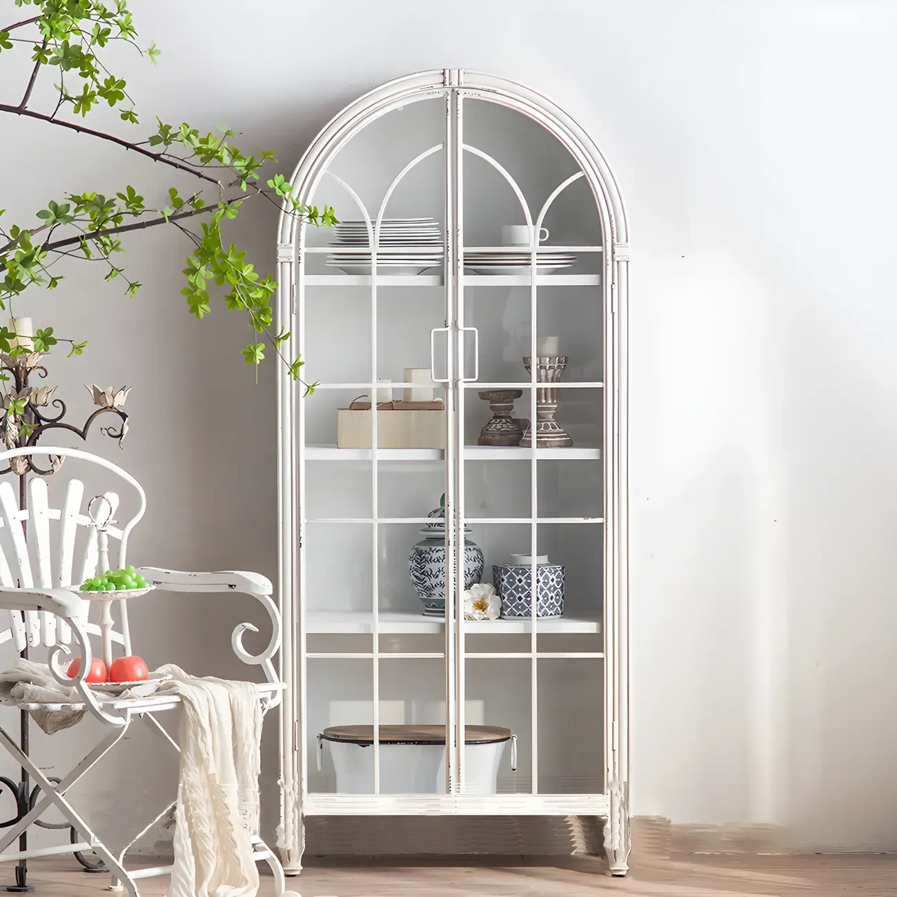 Vintage Wooden Glass Door Display Cabinet with Drawers & Shelf Image - 3