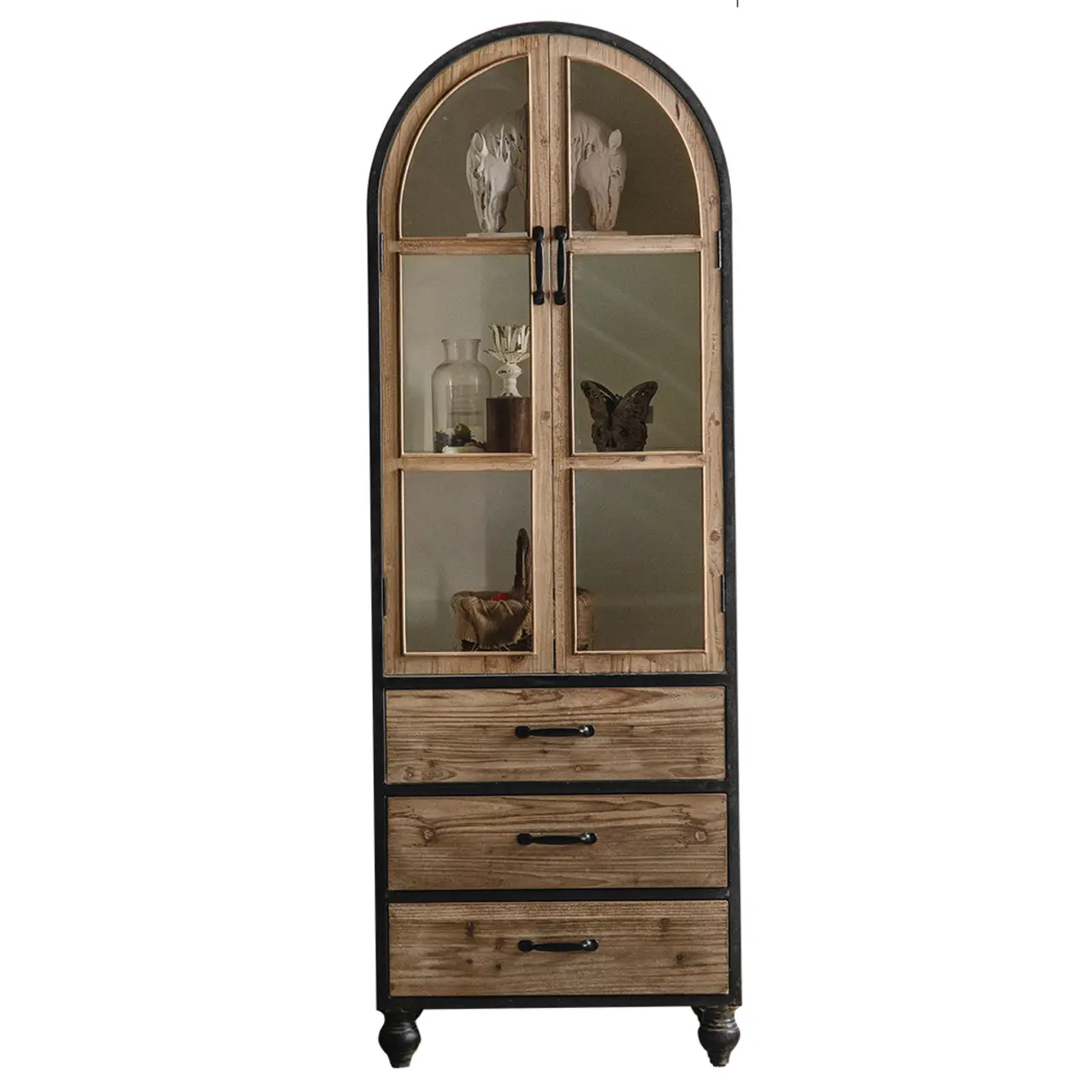 Vintage Wooden Glass Door Display Cabinet with Drawers & Shelf Image - 6 | homeyfad