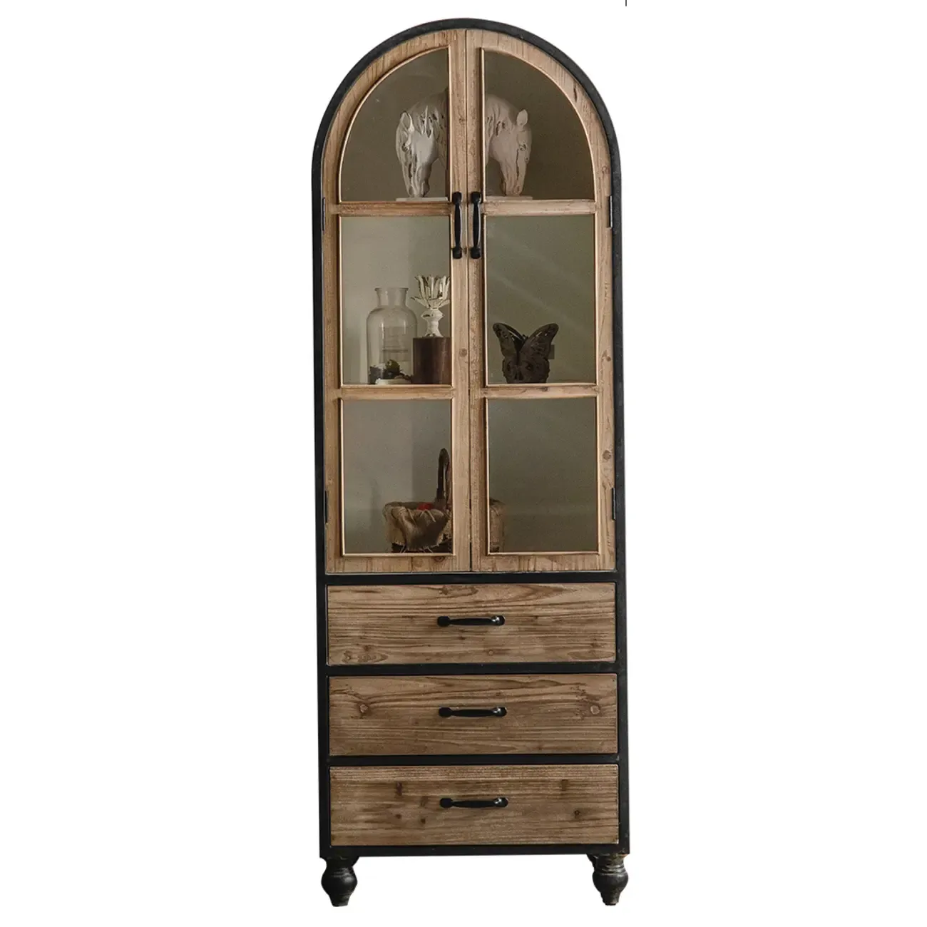 Vintage Wooden Glass Door Display Cabinet with Drawers & Shelf Image - 6