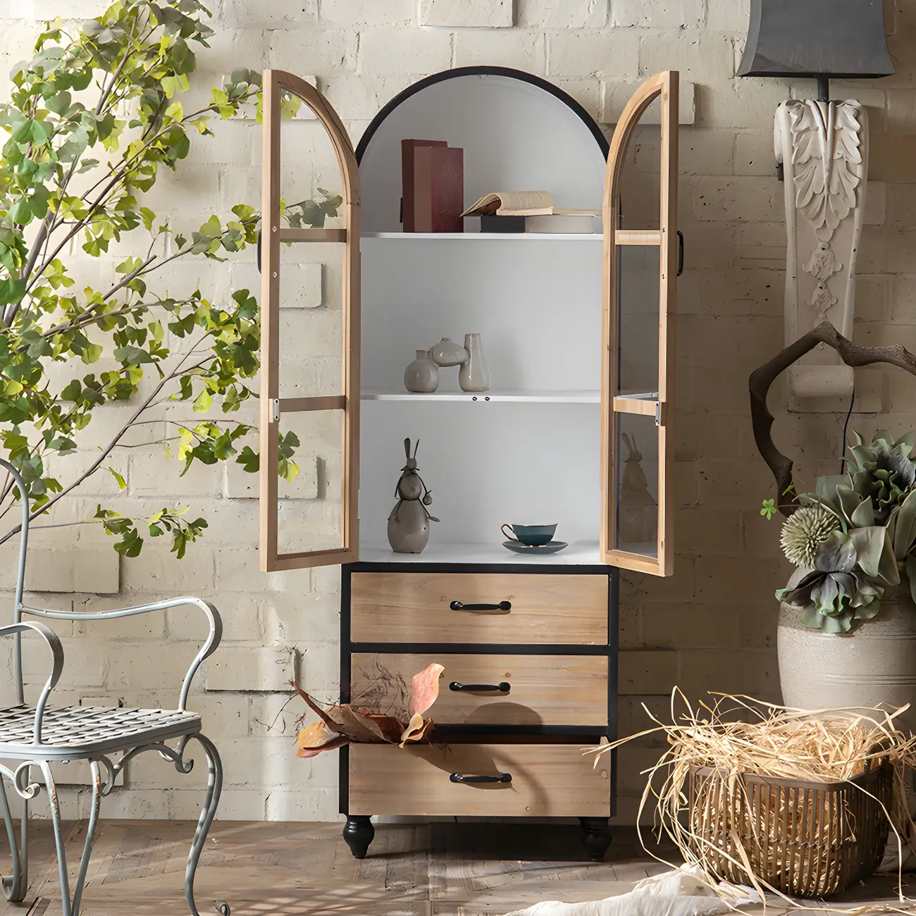 Vintage Wooden Glass Door Display Cabinet with Drawers & Shelf Image - 7 | homeyfad