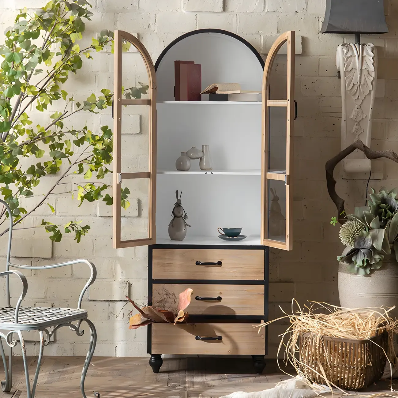Vintage Wooden Glass Door Display Cabinet with Drawers & Shelf Image - 7
