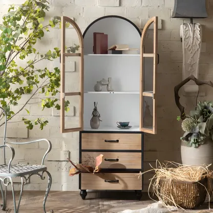 Vintage Wooden Glass Door Display Cabinet with Drawers & Shelf Image - 7