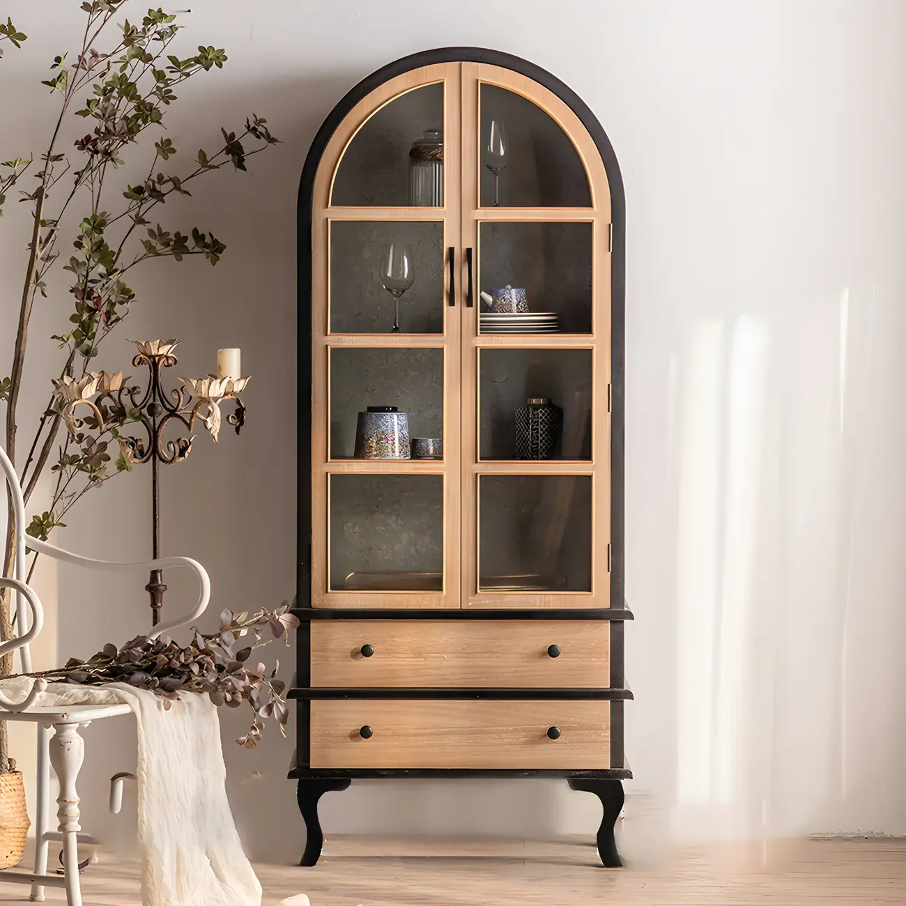 Vintage Wooden Glass Door Display Cabinet with Drawers & Shelf Image - 2 | homeyfad