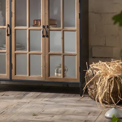 Vintage Wooden Glass Door Display Cabinet with Drawers & Shelf Image - 12