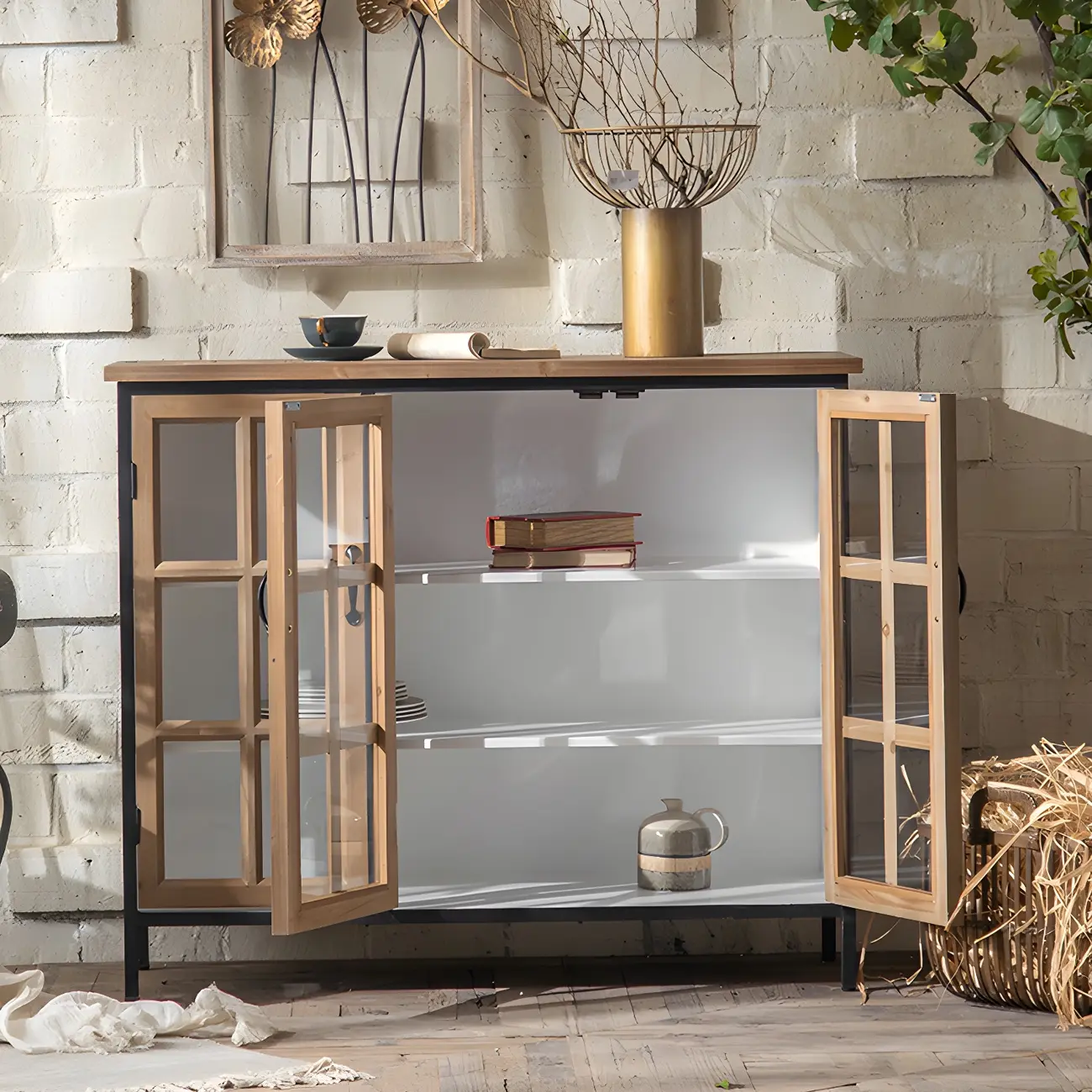 Vintage Wooden Glass Door Display Cabinet with Drawers & Shelf Image - 14 | homeyfad