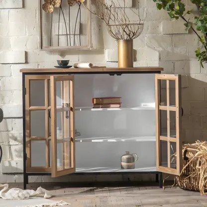 Vintage Wooden Glass Door Display Cabinet with Drawers & Shelf Image - 14