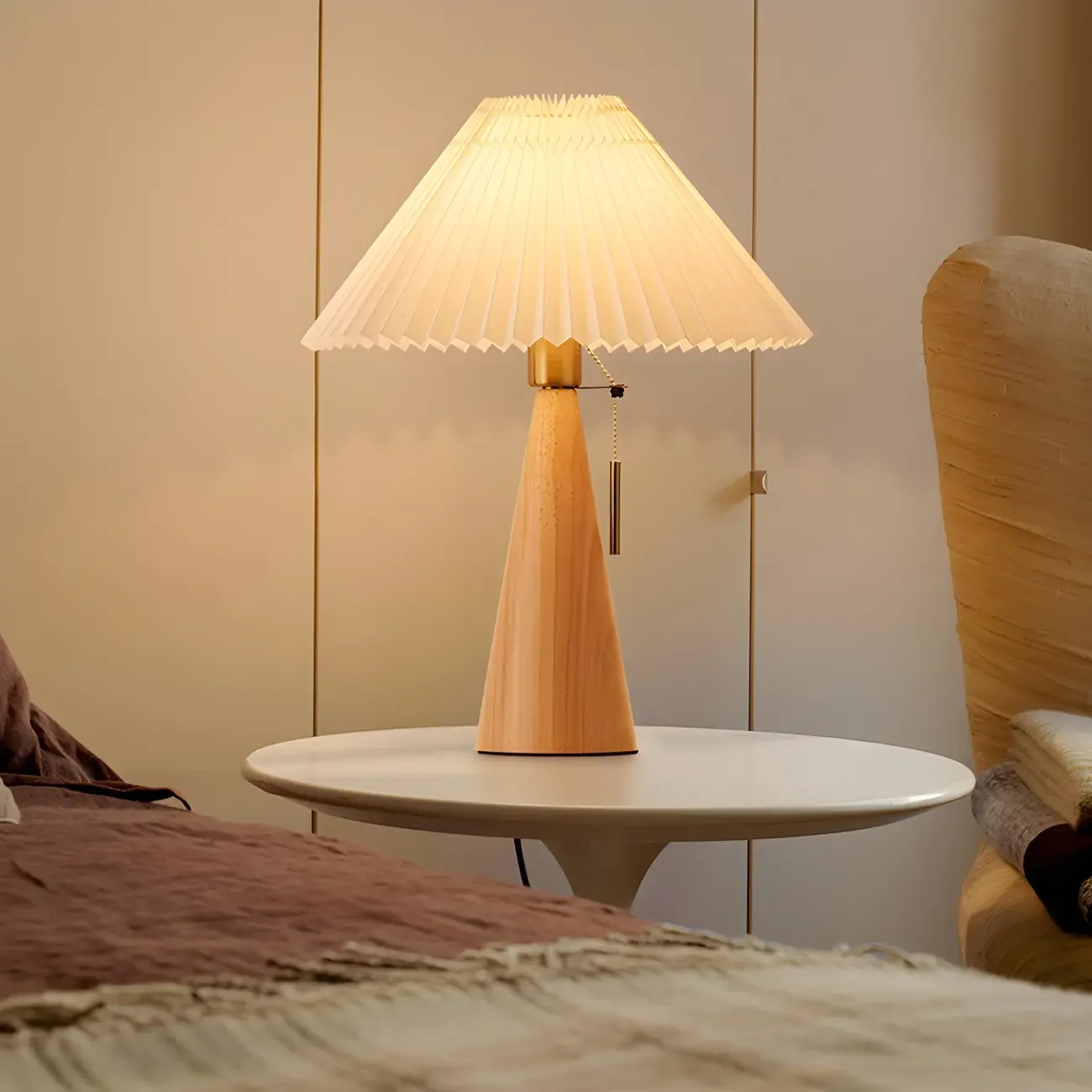 Modern Remote Wood Cone Bedside Table Lamp LED & Fabric  Image - 12