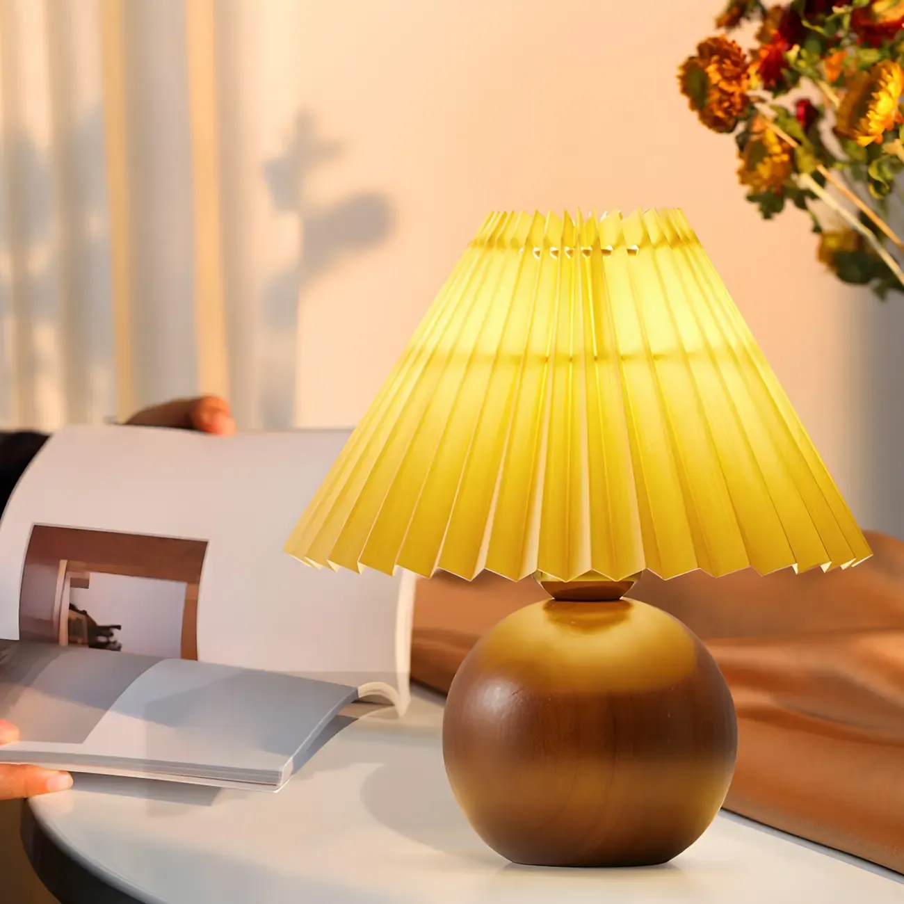 Small Global Wood Fabric Shade LED Table Lamp for Table Lamp Image - 5
