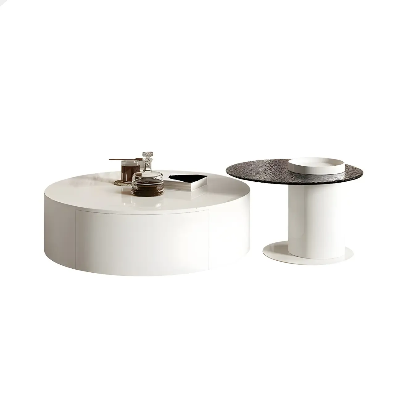 White Modern Round Sleek Drawer Coffee Table Image - 7