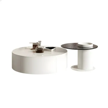 White Modern Round Sleek Drawer Coffee Table Image - 7