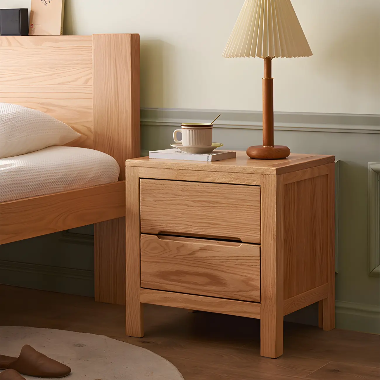 Rectangular Natural Wood 2 Drawer Bedside Nightstand Image - 1 | homeyfad