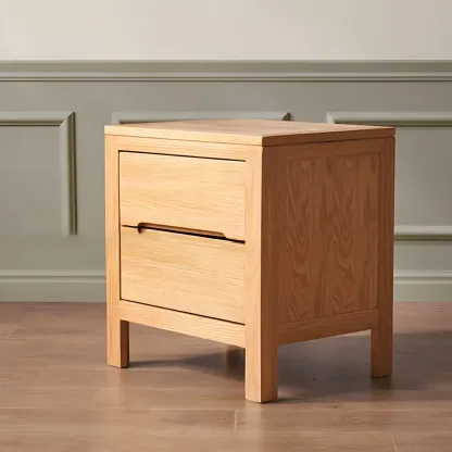 Rectangular Natural Wood 2 Drawer Bedside Nightstand Image - 4