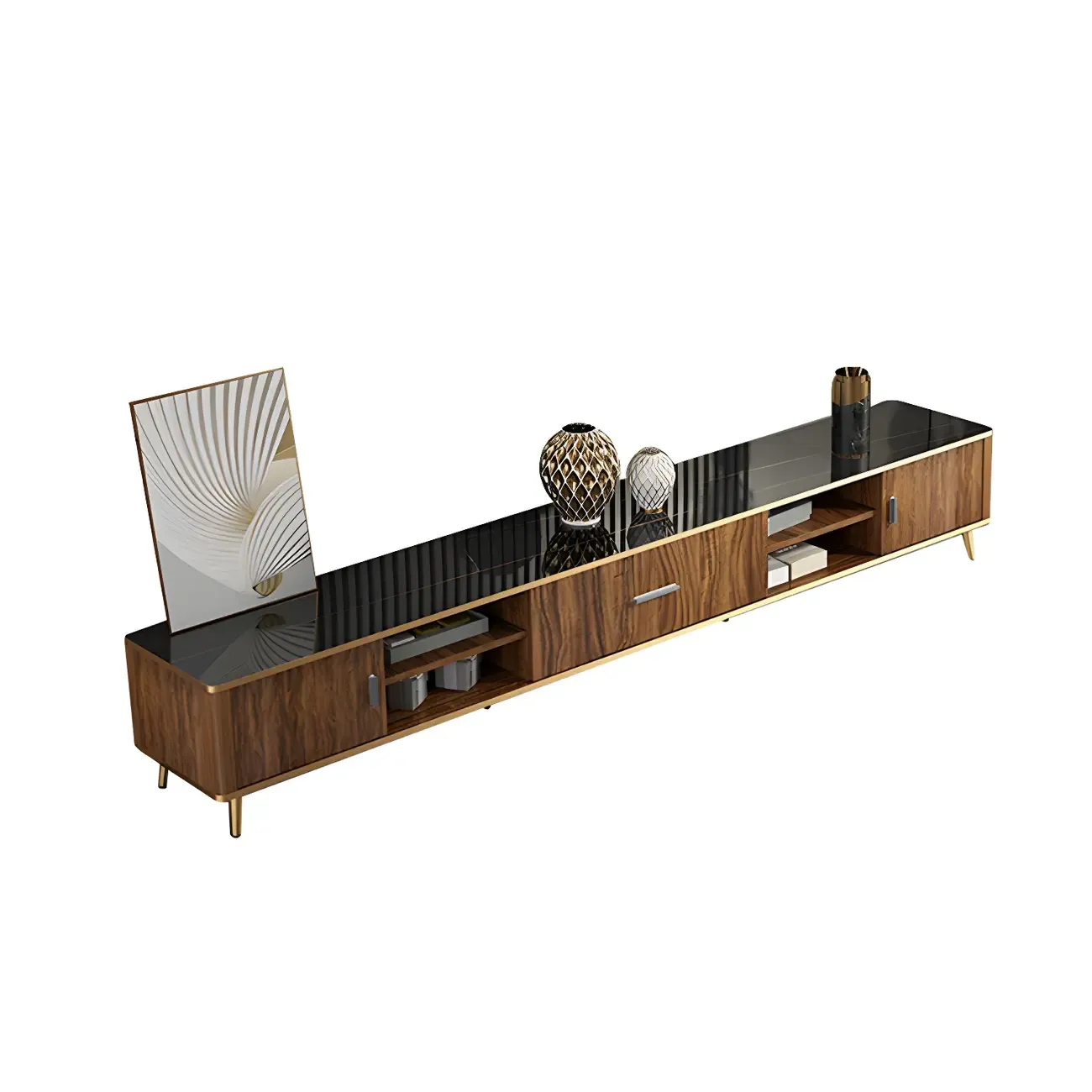 Elegant Stone TV Stand with Golden Legs and Open Storage Image - 7