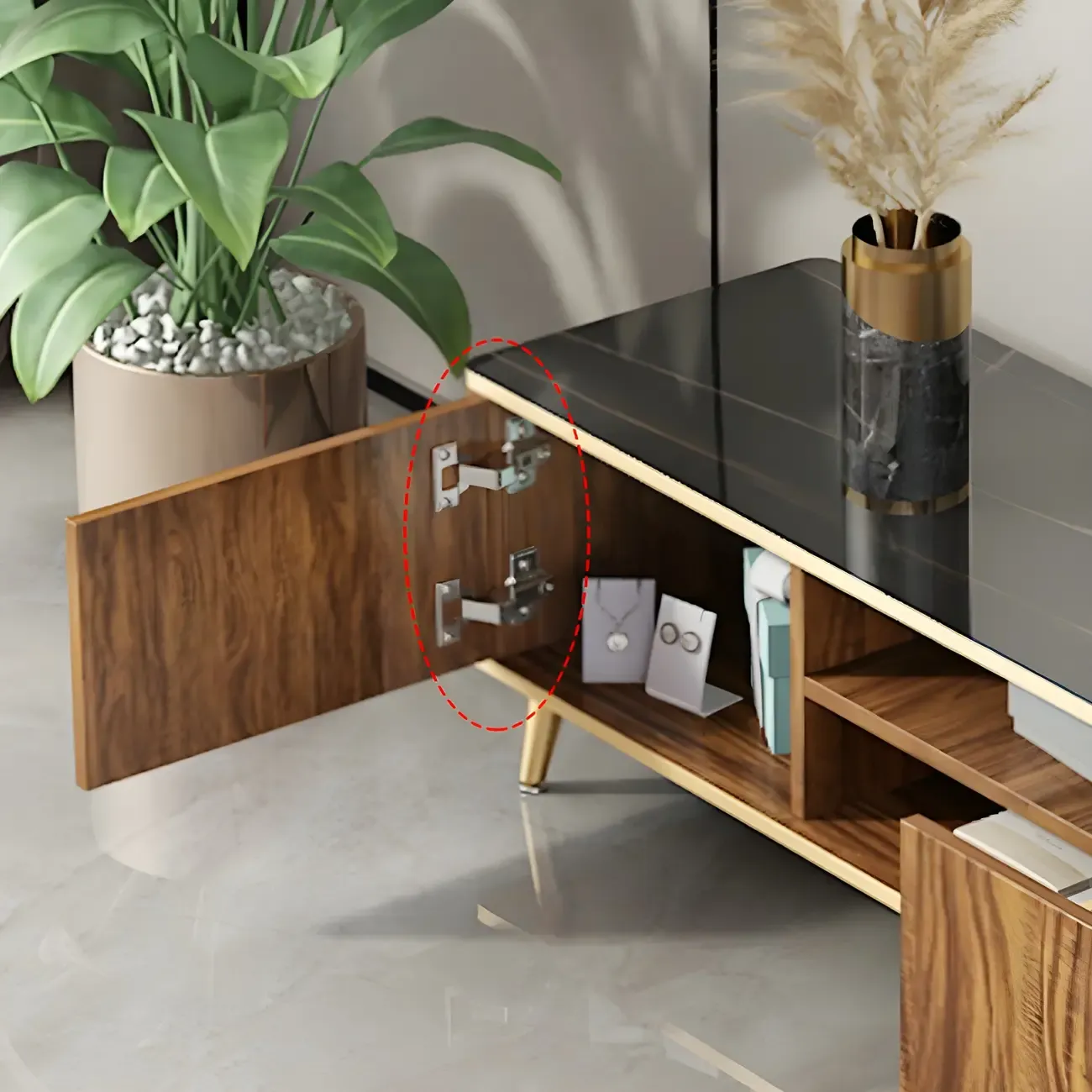 Elegant Stone TV Stand with Golden Legs and Open Storage Image - 11