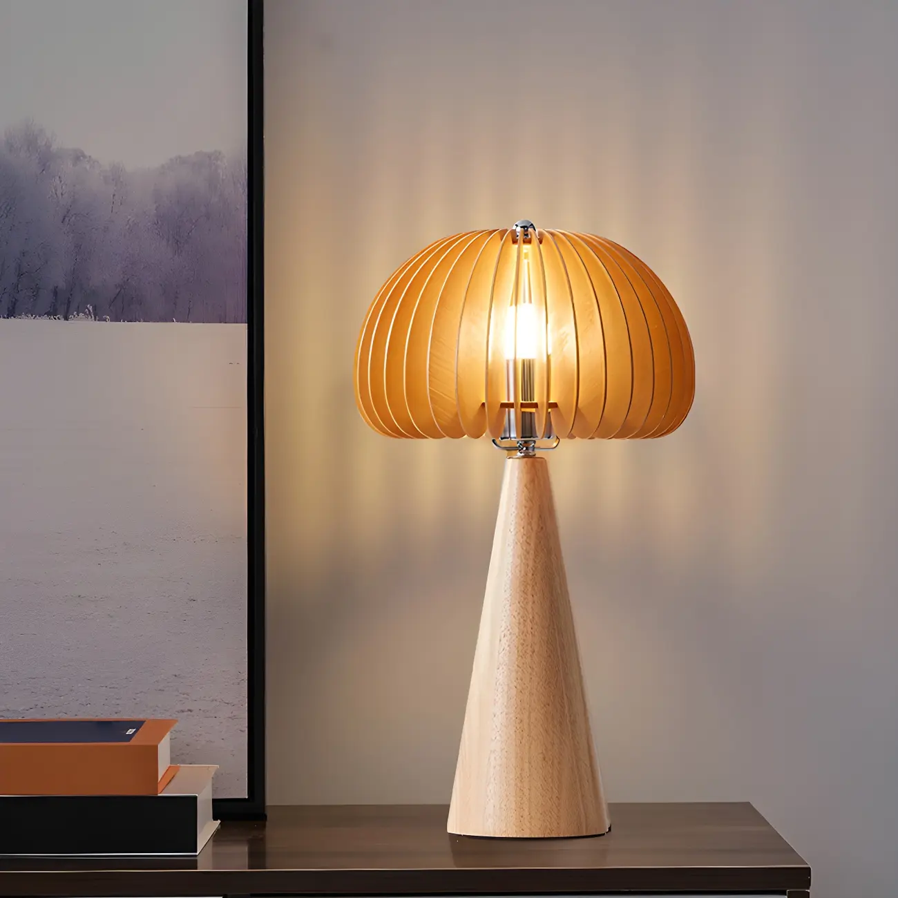 Art Deco Yellow Wooden Mushroom-Shaped LED Table Lamp Image - 1 | homeyfad