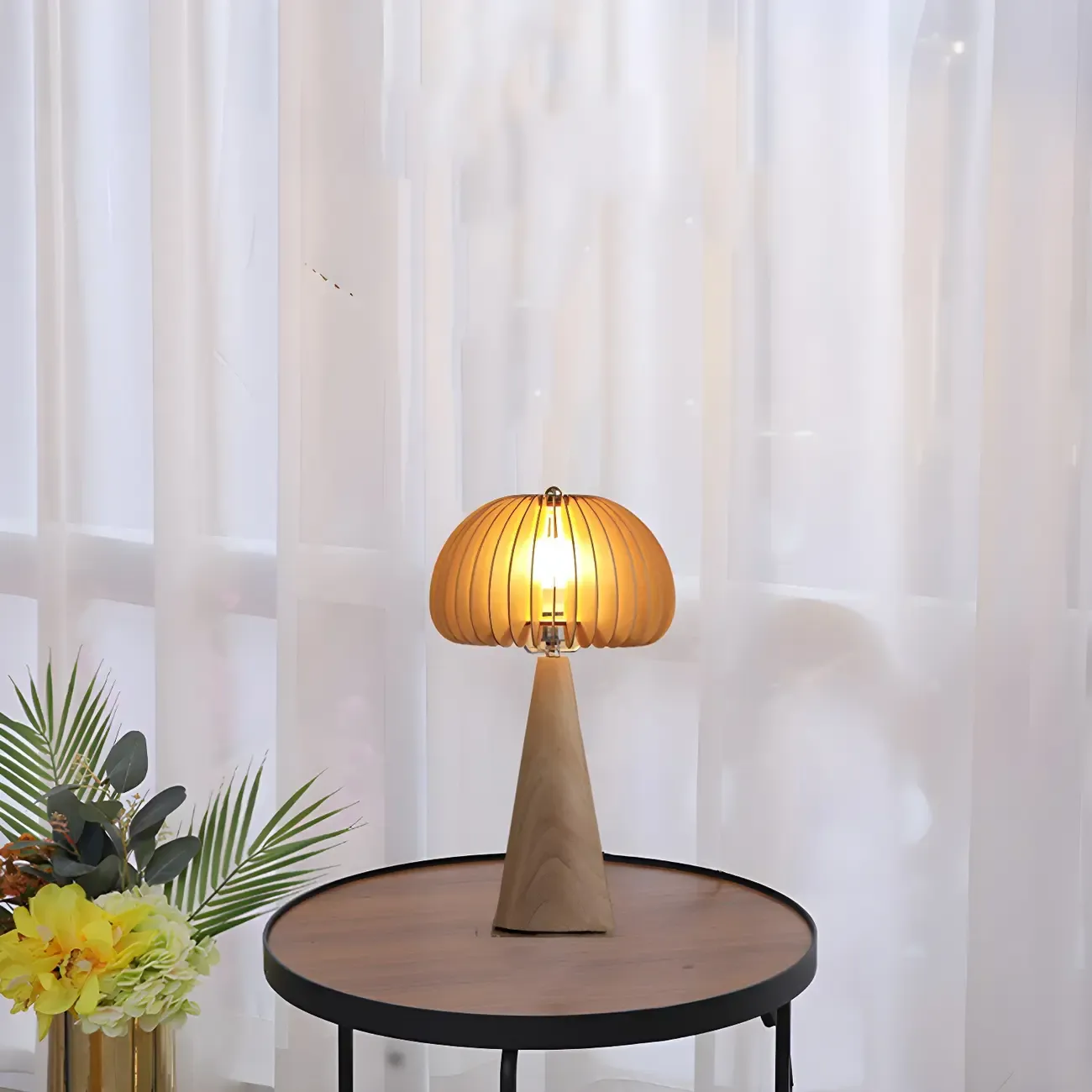 Art Deco Yellow Wooden Mushroom-Shaped LED Table Lamp Image - 6