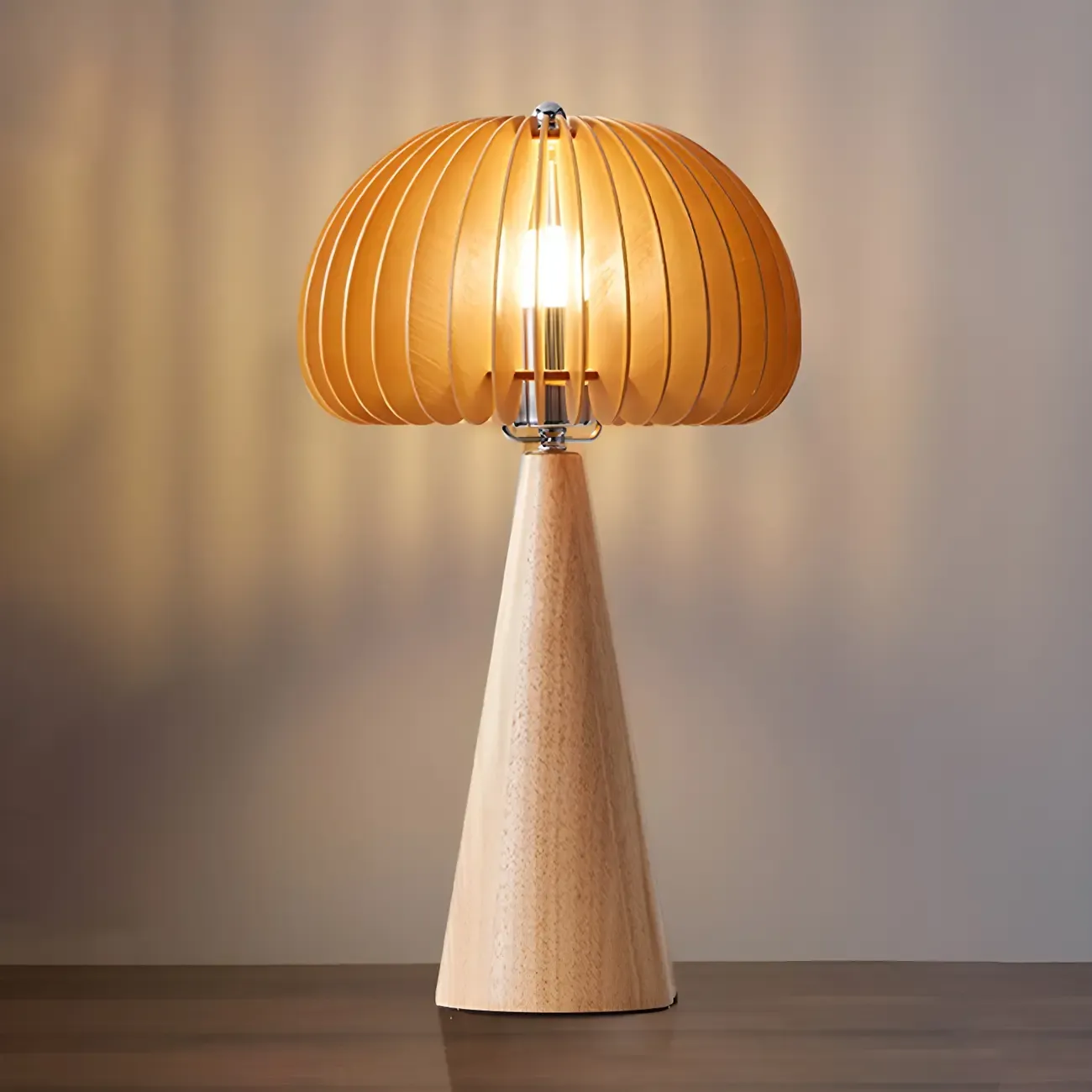 Art Deco Yellow Wooden Mushroom-Shaped LED Table Lamp Image - 2