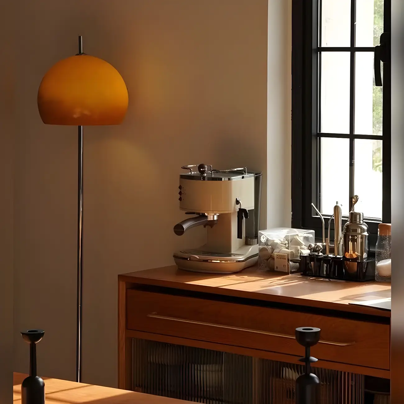 Contemporary Stand up Floor Lamp with Amber Orange Glass Dome | homeyfad