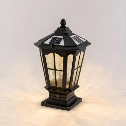 Retro Glass Pane Solar Metal Black Post Cap Light Image - 2