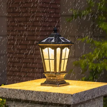 Retro Glass Pane Solar Metal Black Post Cap Light Image - 6