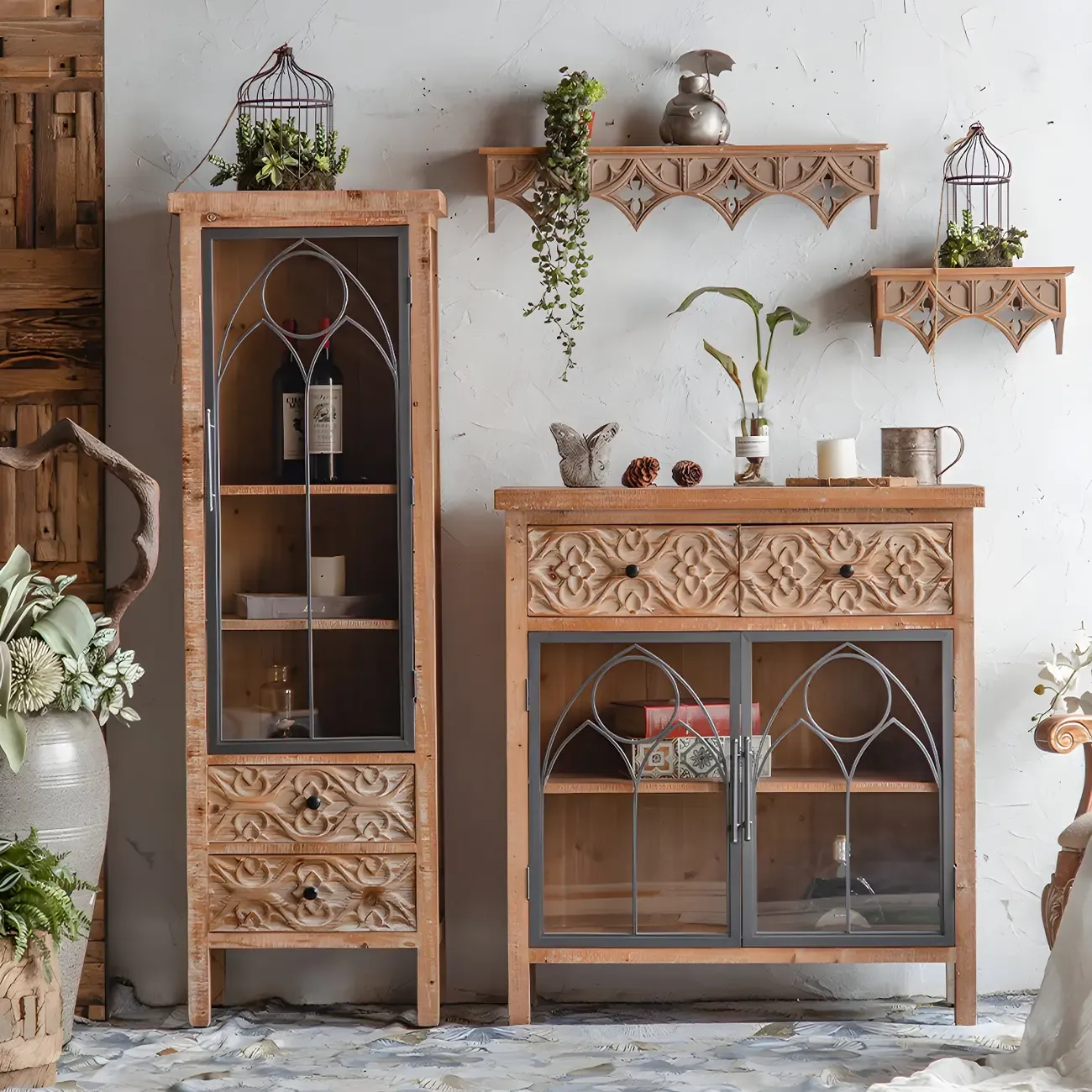 Traditional Wooden Glass Display Cabinet with Intricate Design Image - 1