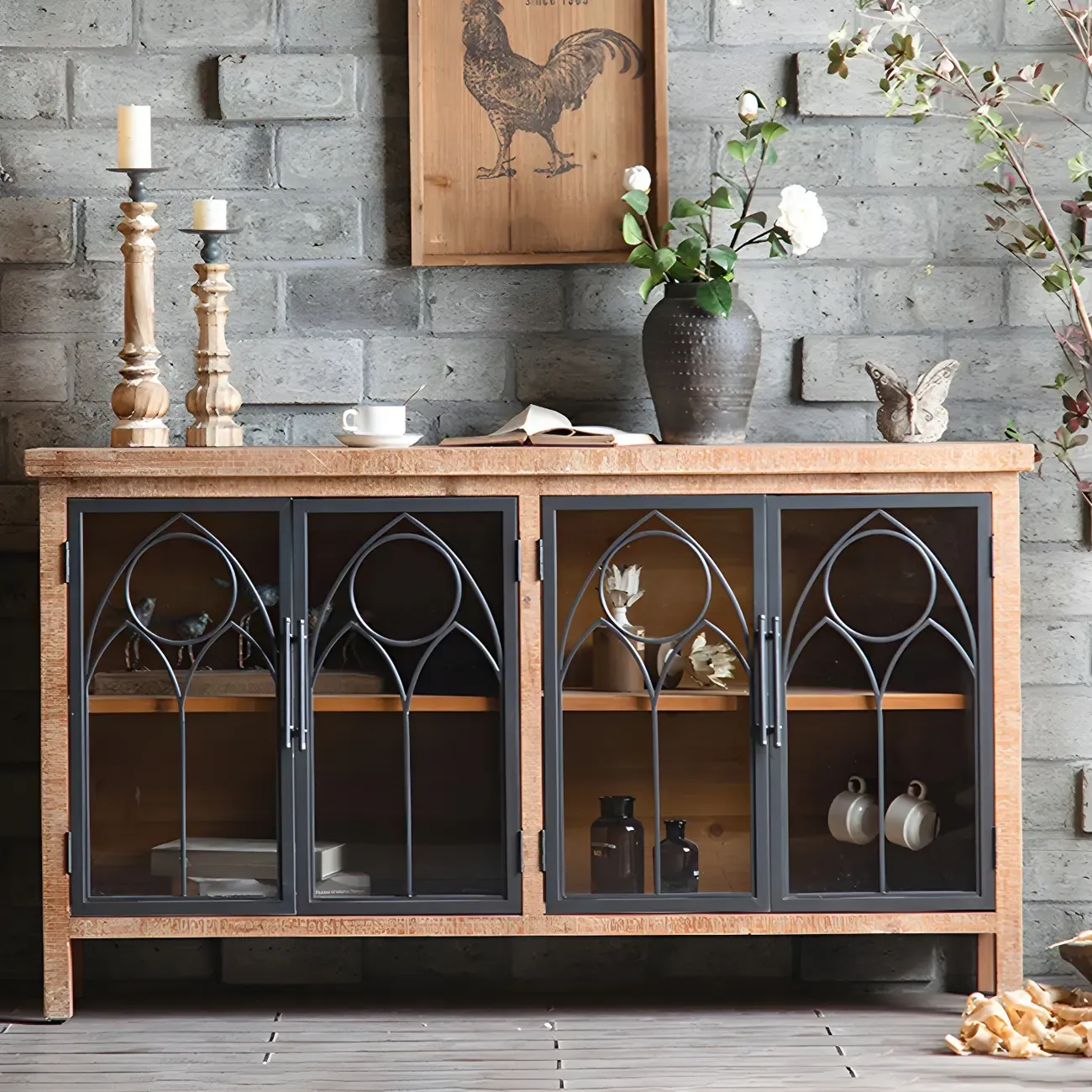 Traditional Wooden Glass Display Cabinet with Intricate Design Image - 2