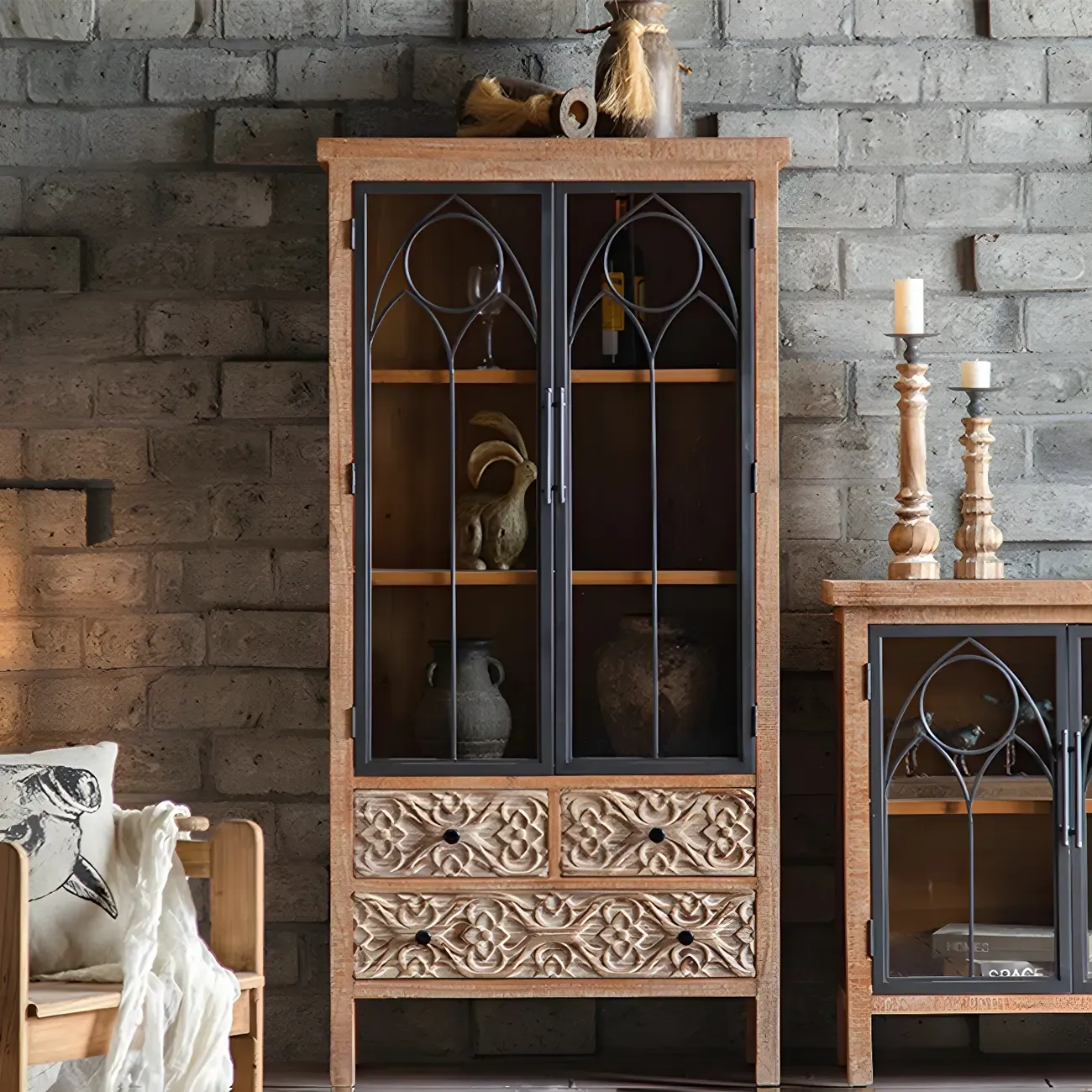 Traditional Wooden Glass Display Cabinet with Intricate Design Image - 3
