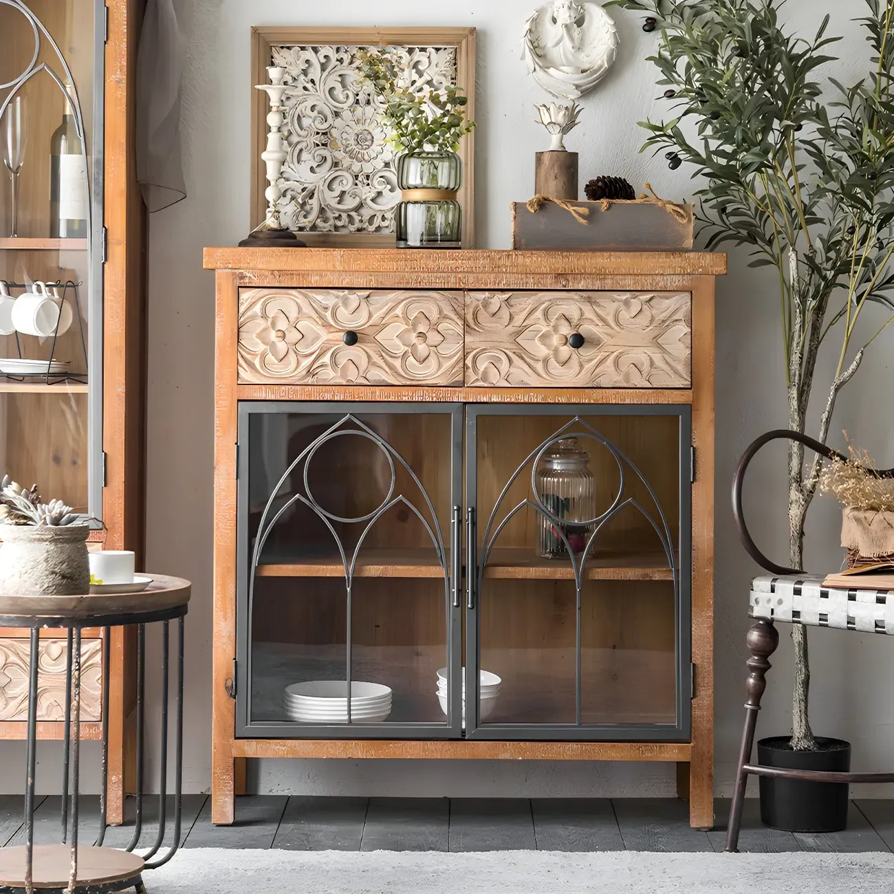 Traditional Wooden Glass Display Cabinet with Intricate Design Image - 4
