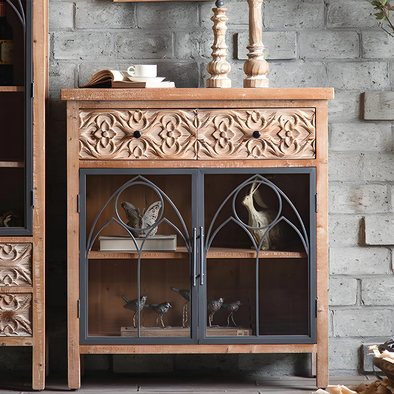 Traditional Wooden Glass Display Cabinet with Intricate Design Image - 5 | homeyfad