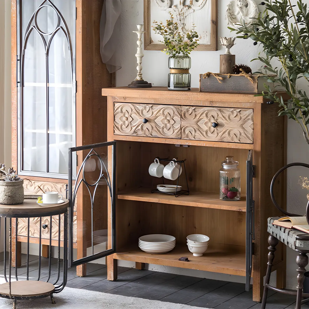 Traditional Wooden Glass Display Cabinet with Intricate Design Image - 6 | homeyfad