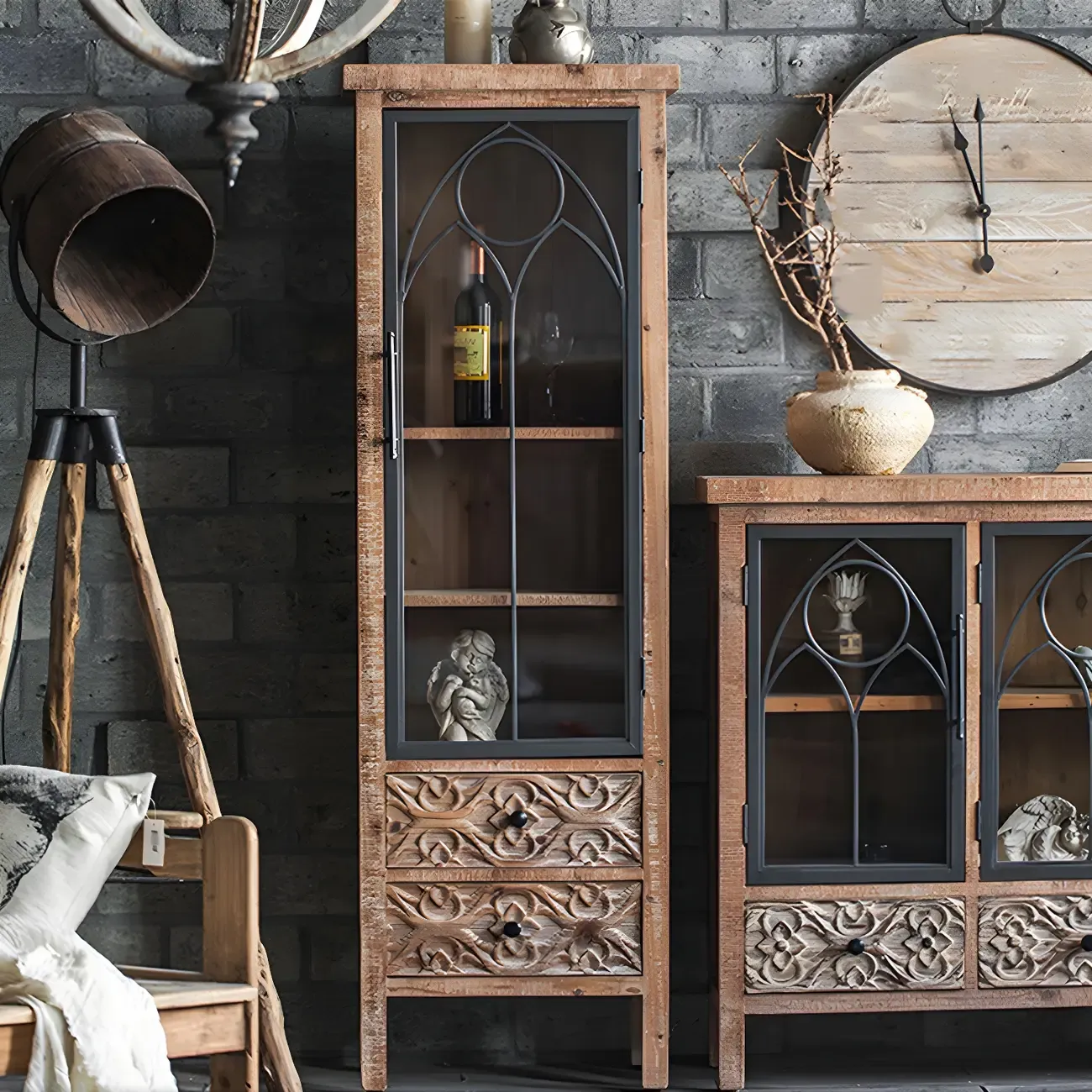 Traditional Wooden Glass Display Cabinet with Intricate Design Image - 7
