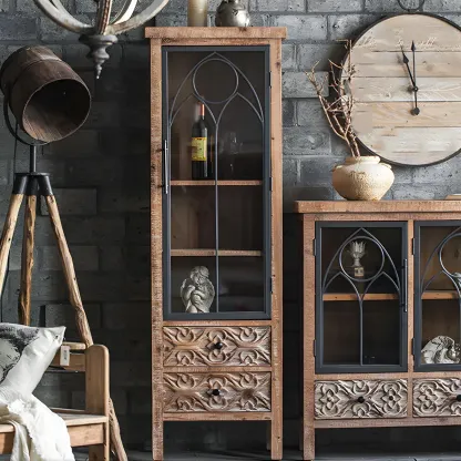 Traditional Wooden Glass Display Cabinet with Intricate Design Image - 7