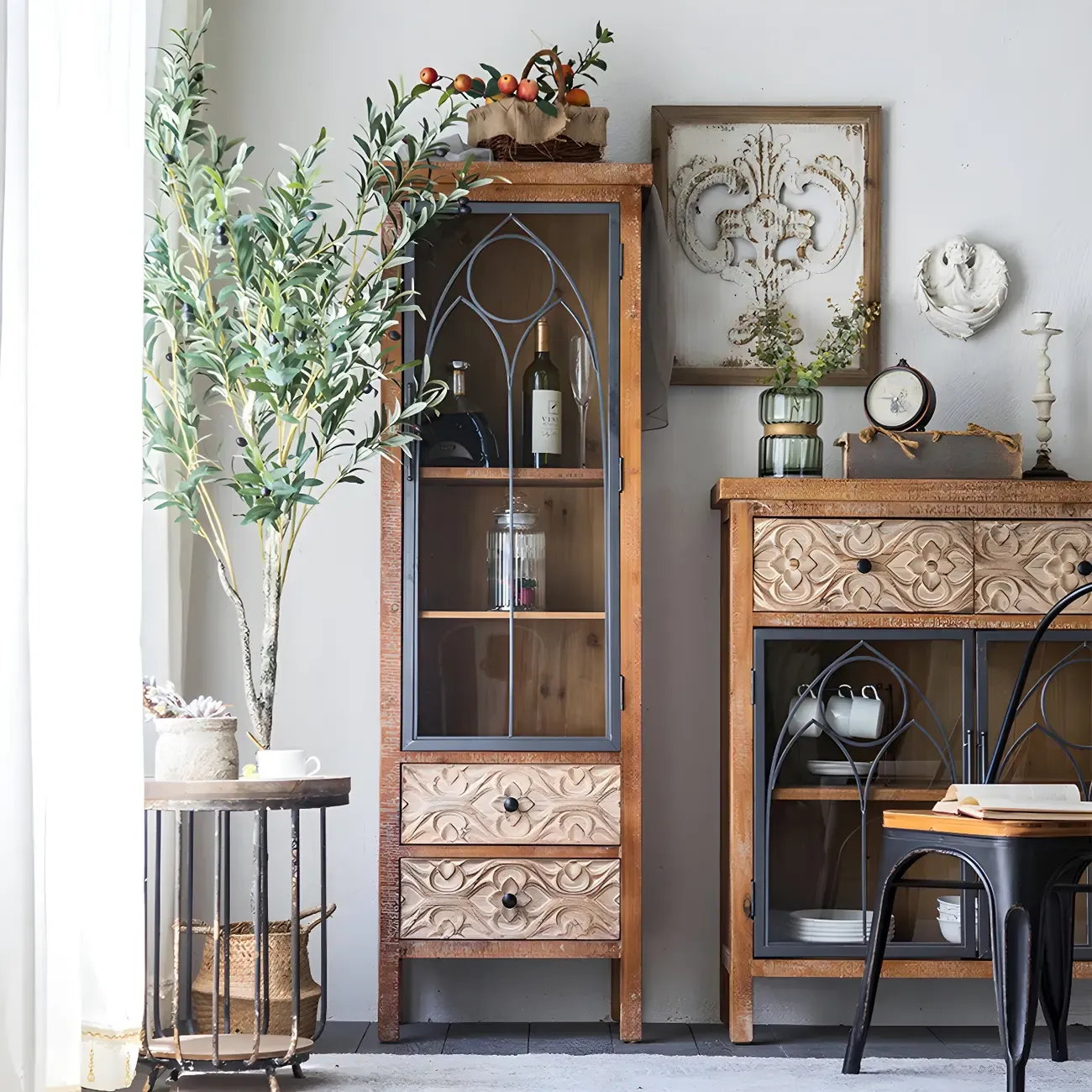 Traditional Wooden Glass Display Cabinet with Intricate Design Image - 8