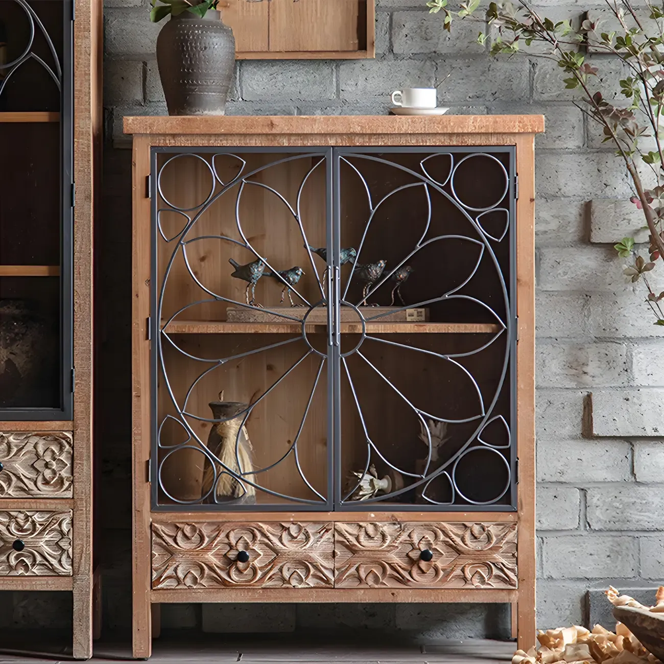 Traditional Wooden Glass Display Cabinet with Intricate Design Image - 9