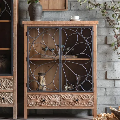 Traditional Wooden Glass Display Cabinet with Intricate Design Image - 9