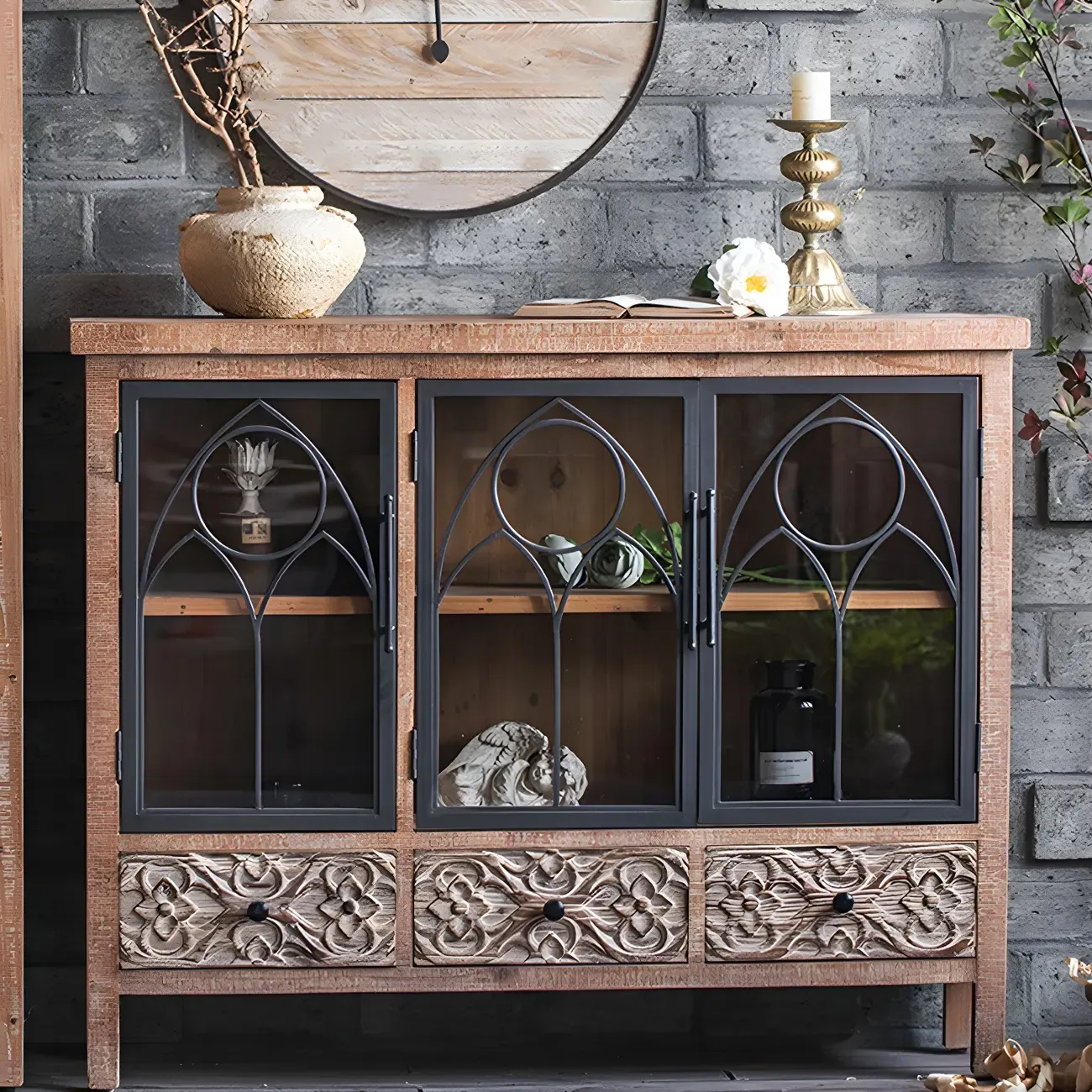 Traditional Wooden Glass Display Cabinet with Intricate Design Image - 11