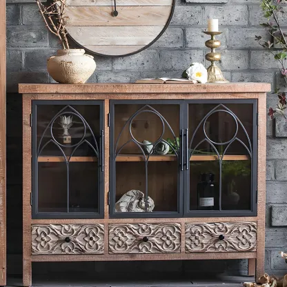 Traditional Wooden Glass Display Cabinet with Intricate Design Image - 11