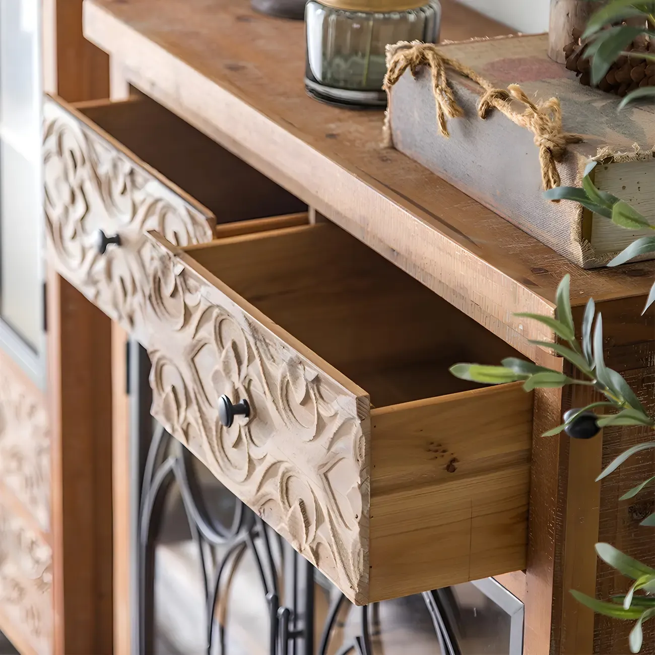 Traditional Wooden Glass Display Cabinet with Intricate Design Image - 12